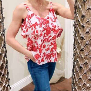 Veronica M Red and White Peekaboo - Cold Shoulder Floral Blouse